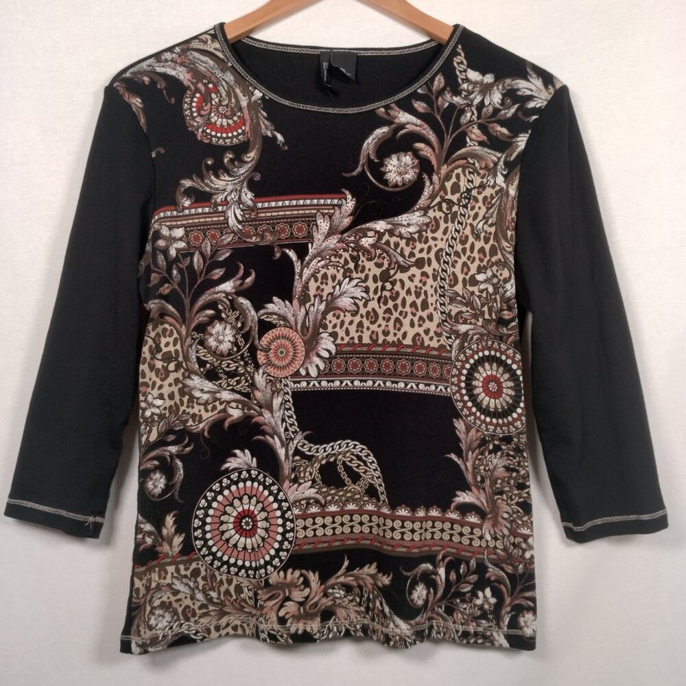 Vintage Y2K New Directions Petite Shirt PXL Black Cat Print Mandala Chain Bling